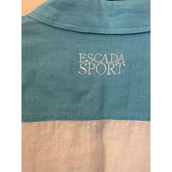 Escada Sport Aqua and White Striped Color Block Linen Button Down Blouse S - Picture 4 of 7